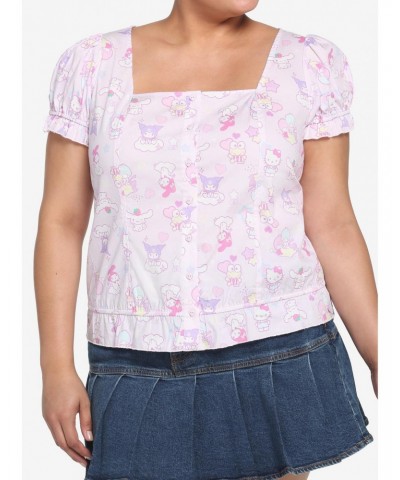 Hello Kitty And Friends Pastel Ruffle Button-Up Girls Top Plus Size $6.07 Tops