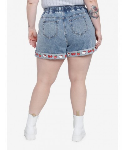 Hello Kitty Strawberry Elastic High-Waisted Denim Shorts Plus Size $16.16 Shorts